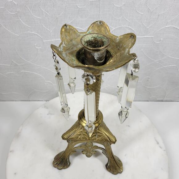 Antique Brass Candlesticks 11" Gold Candle Holder Crystal Prisms Ornate Art Deco - Picture 4 of 16